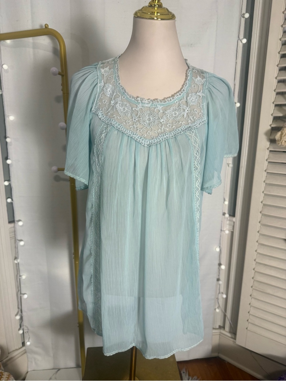 Lolita Mint Blue Lace Embroidered Boho Peasant Tunic Top Sheer Overlay Size L